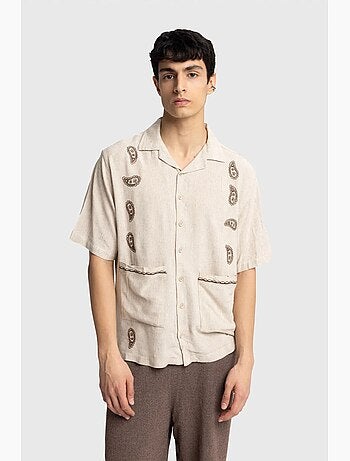Camisa de homem em popelina de algodão bordada de manga curta giesto
