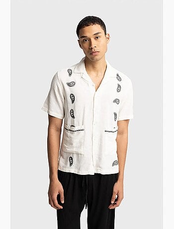 Camisa de homem em popelina de algodão bordada de manga curta giesto