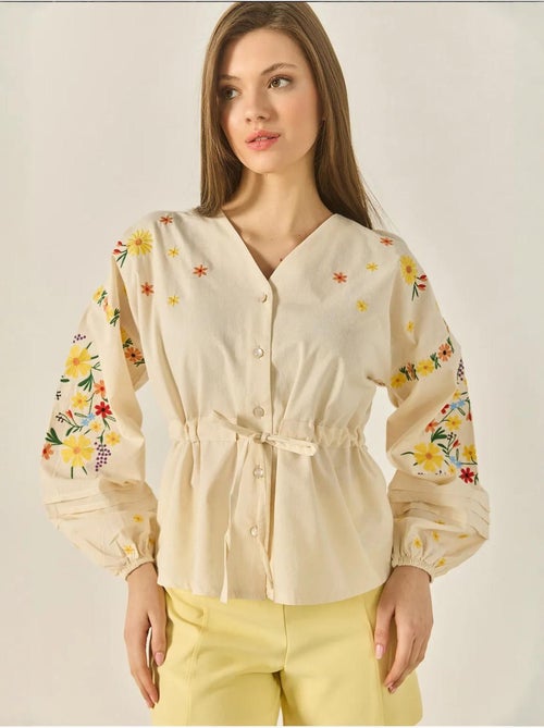Camisa de linho com decote em v bordado, cinto e punho elástico lucci - Kiabi