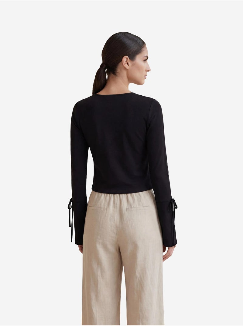 Camisa de linho cropped com decote em v e detalhe de atilhos my fashion Preto - Kiabi