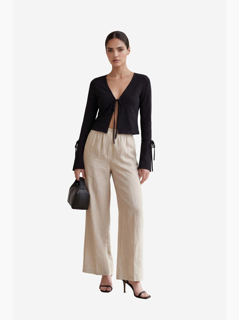 Camisa de linho cropped com decote em v e detalhe de atilhos my fashion Preto - Kiabi