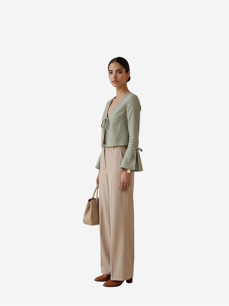 Camisa de linho cropped com decote em v e detalhe de atilhos my fashion Verde pastel - Kiabi