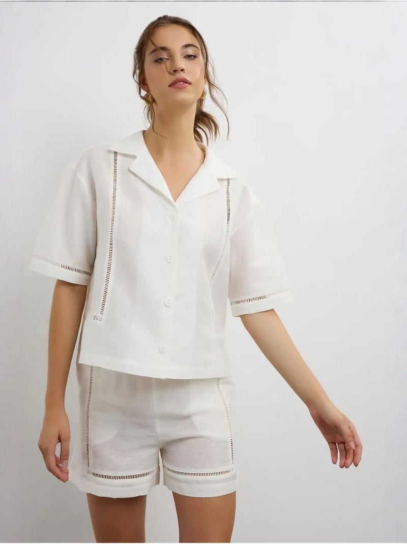 Camisa de linho de manga curta com detalhe recortado hiccup Bege natural - Kiabi