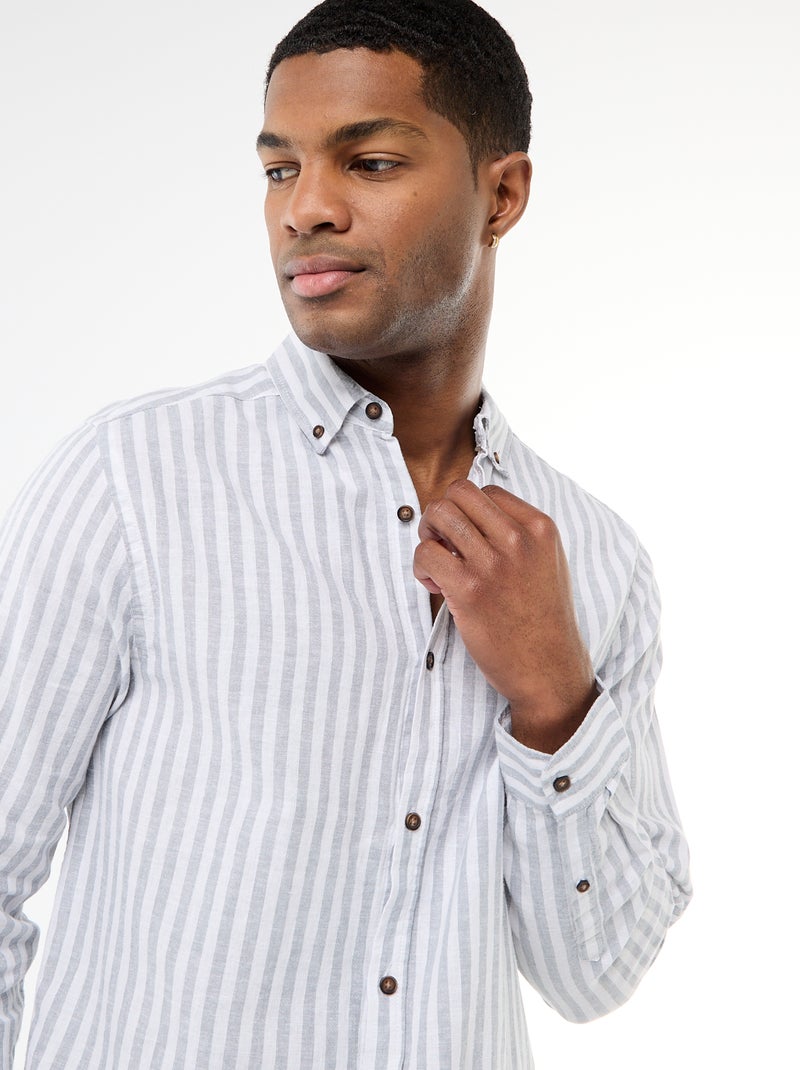 Camisa de linho e algodão às riscas Azul - Kiabi