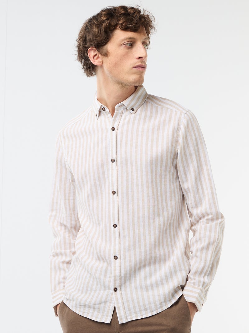 Camisa de linho e algodão às riscas Bege - Kiabi