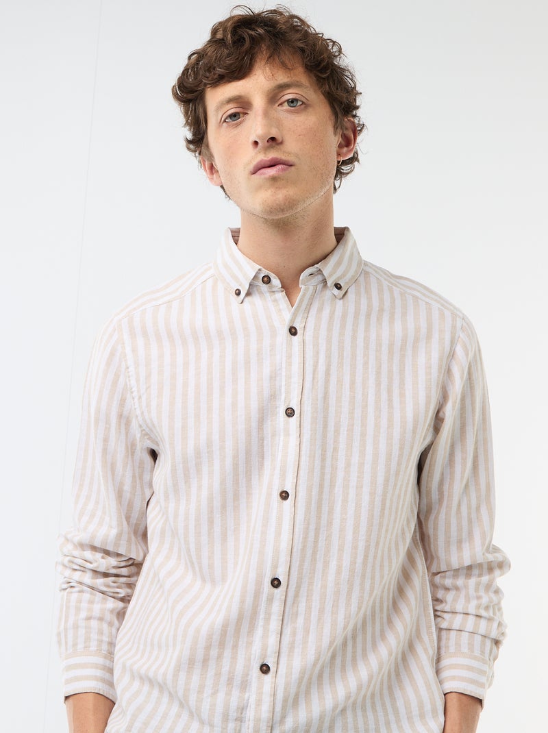 Camisa de linho e algodão às riscas Bege - Kiabi