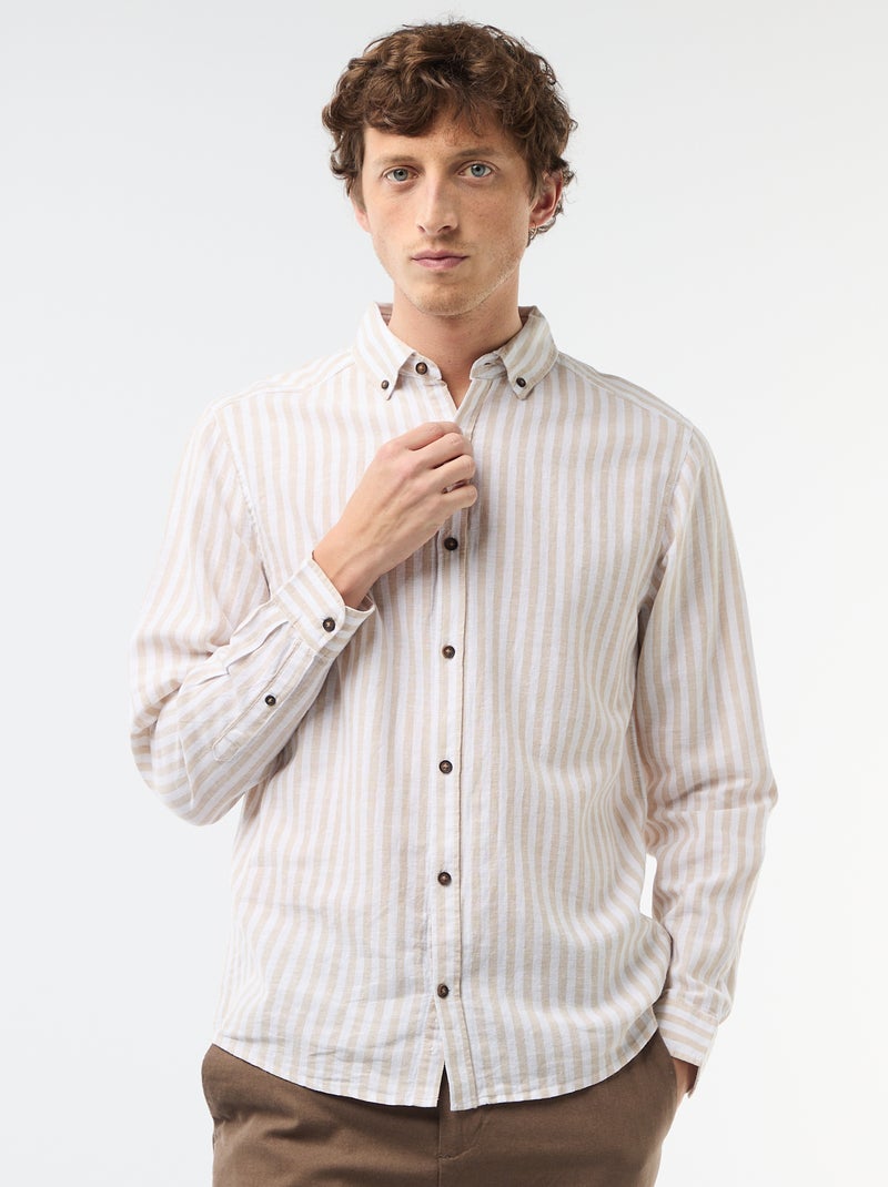 Camisa de linho e algodão às riscas Bege - Kiabi