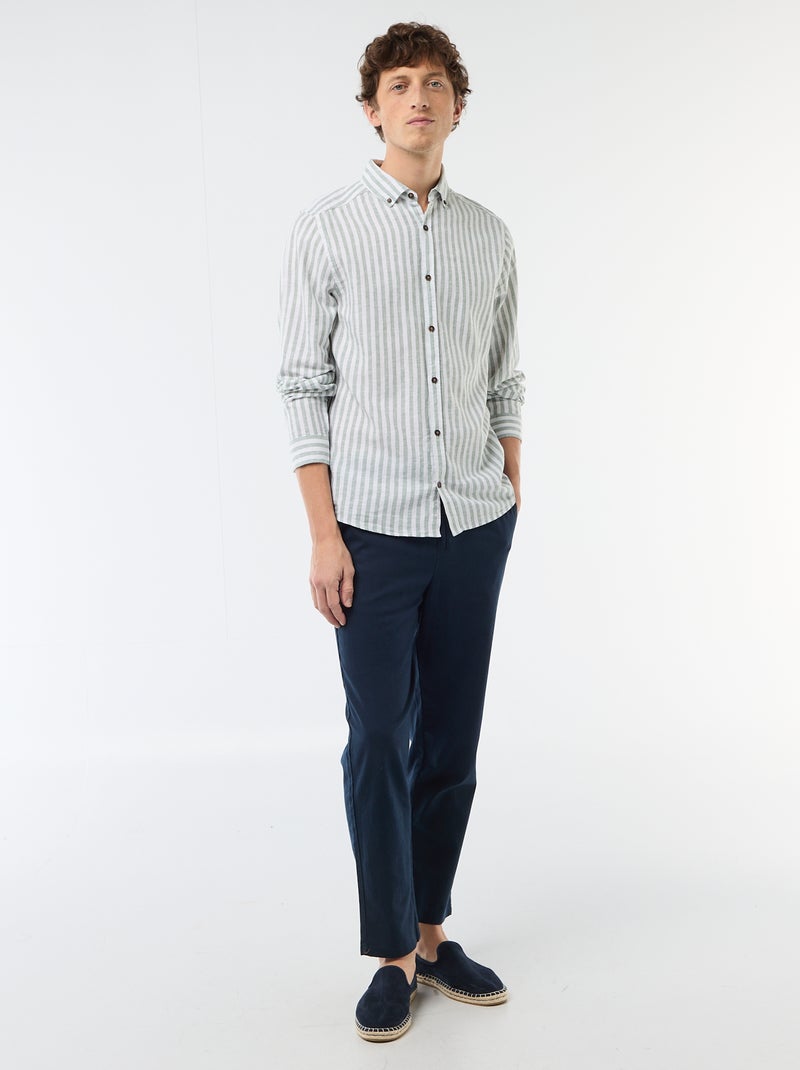 Camisa de linho e algodão às riscas Verde - Kiabi
