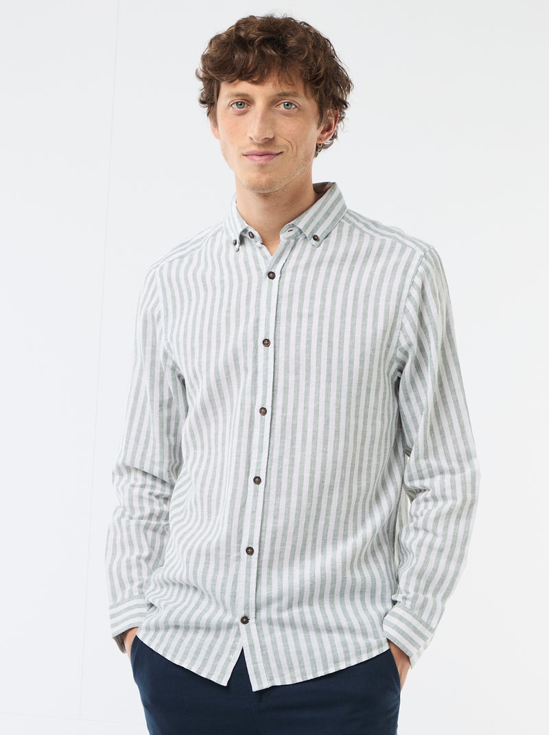 Camisa de linho e algodão às riscas Verde - Kiabi