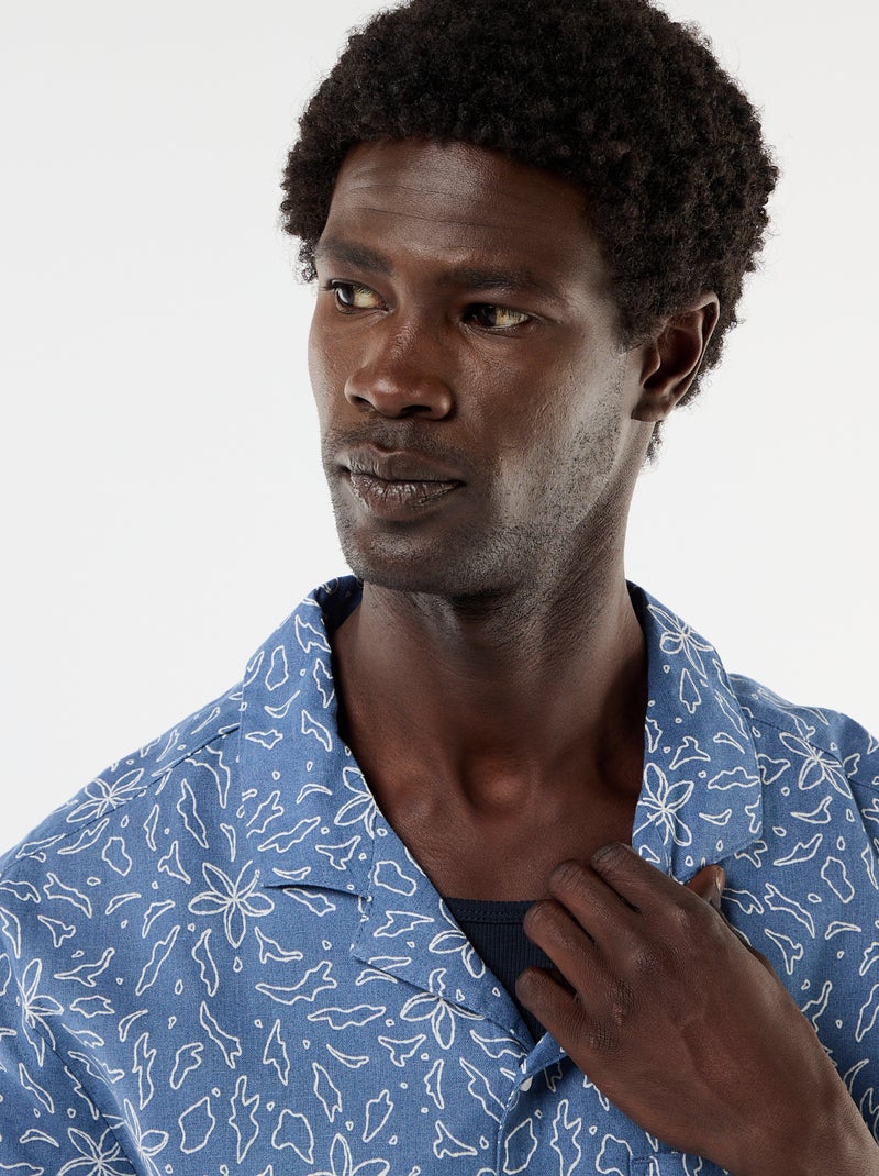 Camisa de linho misto de manga curta Azul - Kiabi