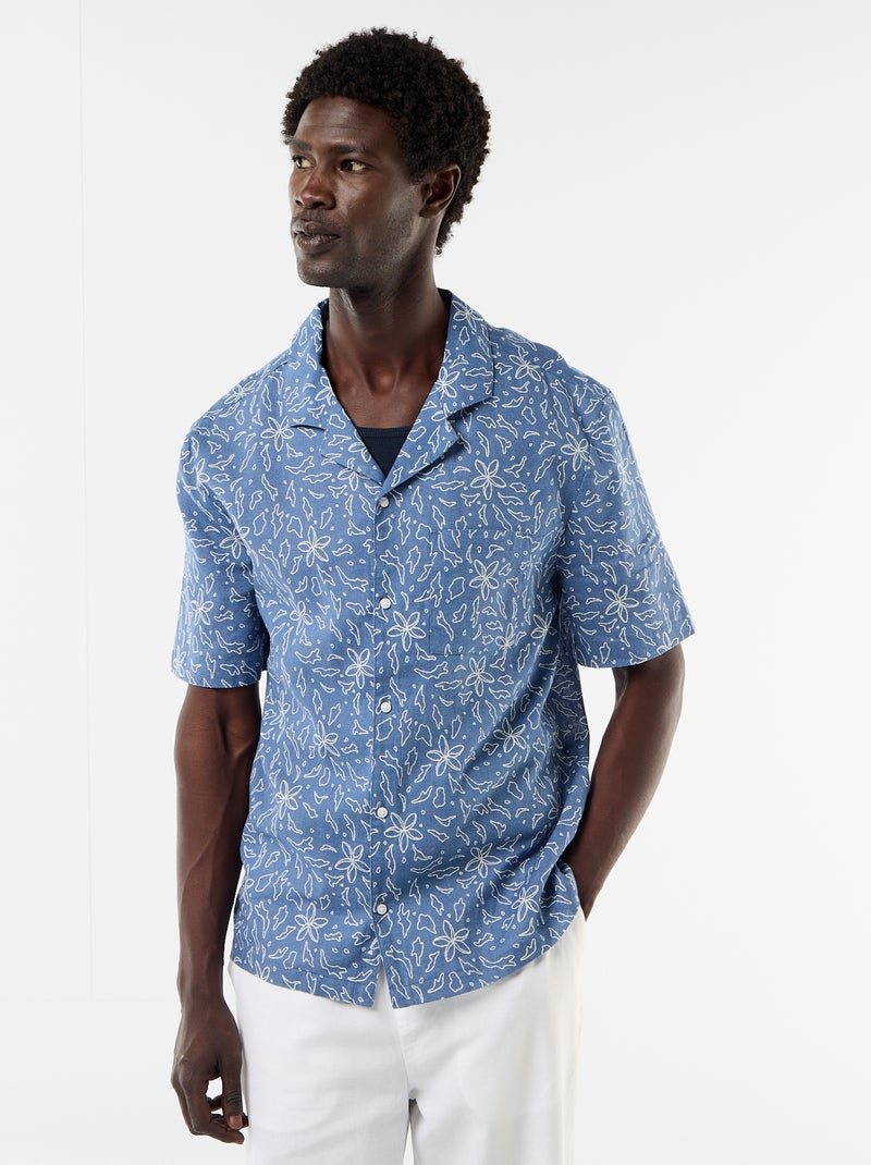 Camisa de linho misto de manga curta Azul - Kiabi