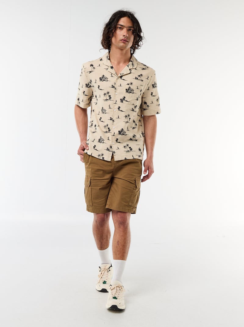 Camisa de linho misto de manga curta Bege - Kiabi