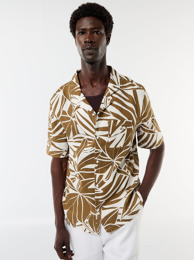 Camisa de linho misto de manga curta Caqui - Kiabi