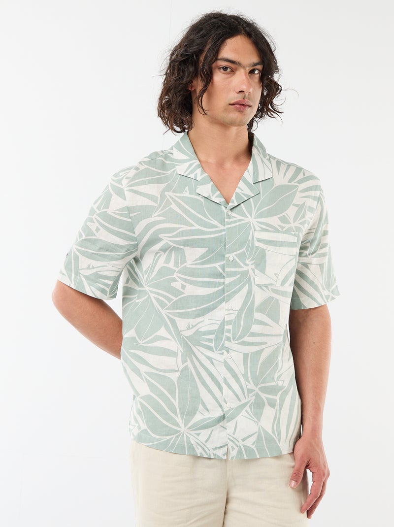 Camisa de linho misto de manga curta Verde - Kiabi