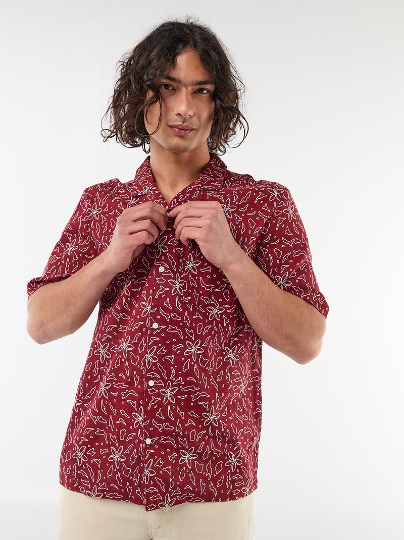 Camisa de linho misto de manga curta Vermelho - Kiabi