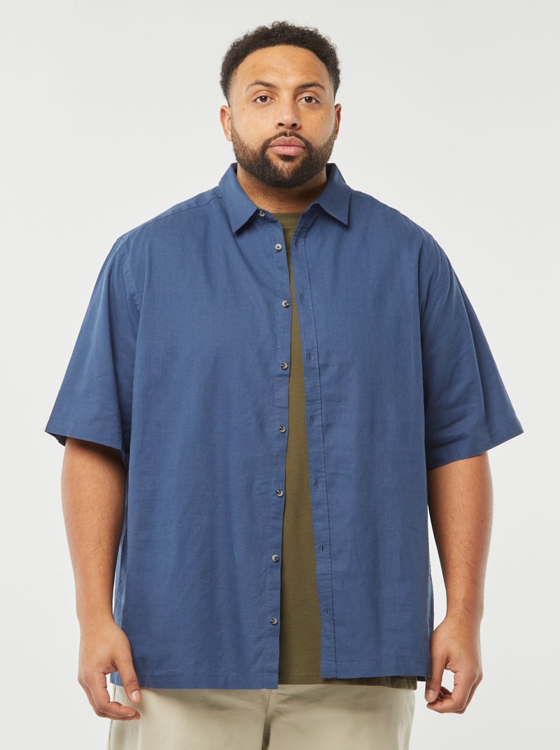 Camisa de linho misturado de manga curta AZUL - Kiabi