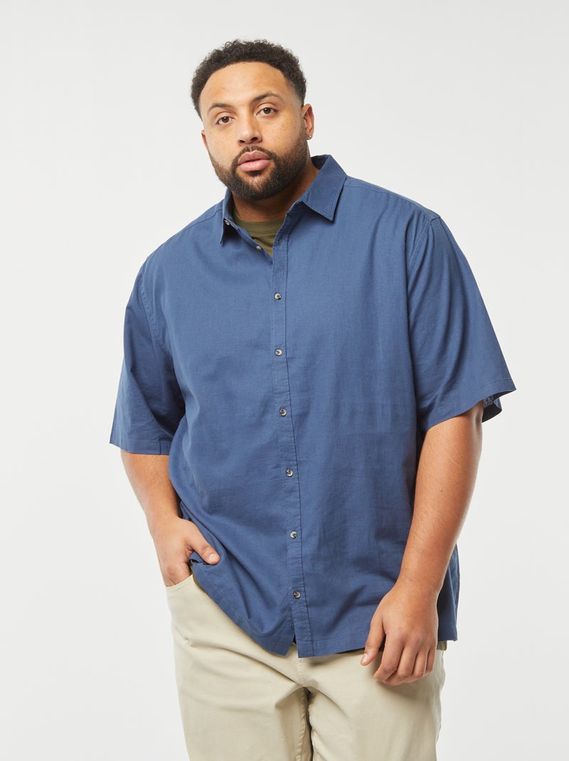 Camisa de linho misturado de manga curta AZUL - Kiabi