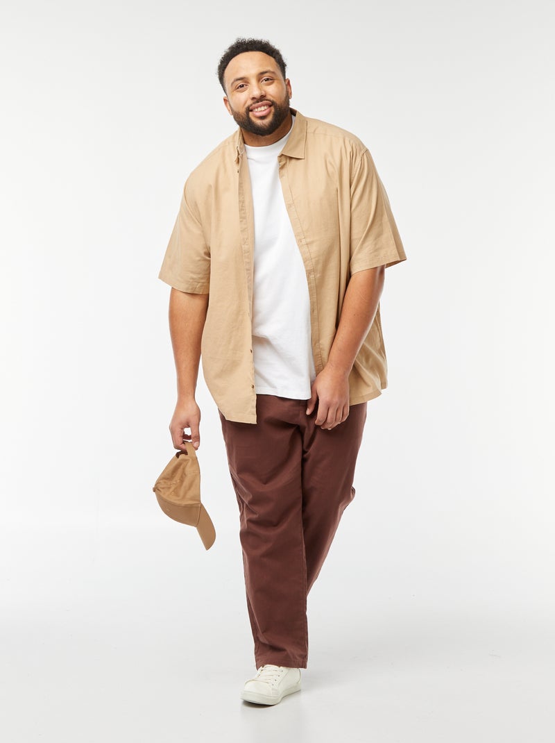 Camisa de linho misturado de manga curta BEGE - Kiabi