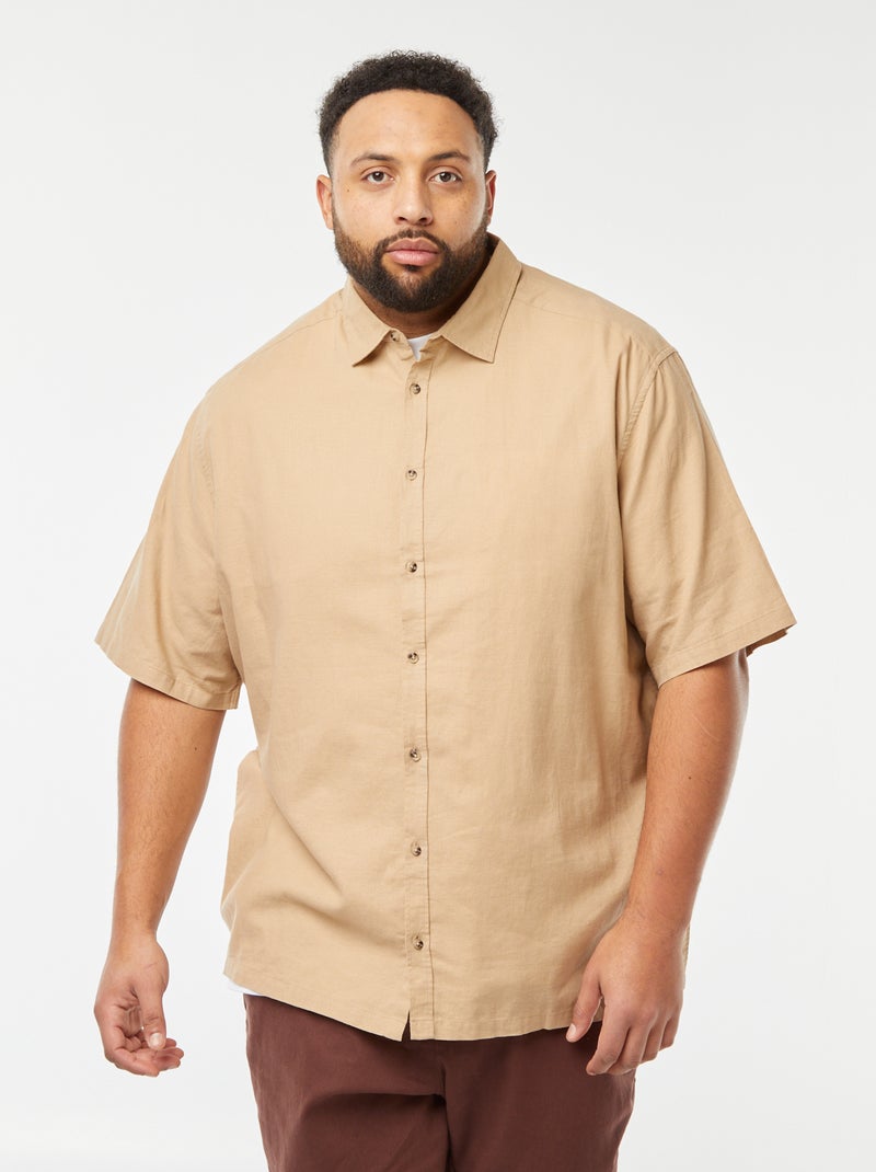 Camisa de linho misturado de manga curta BEGE - Kiabi