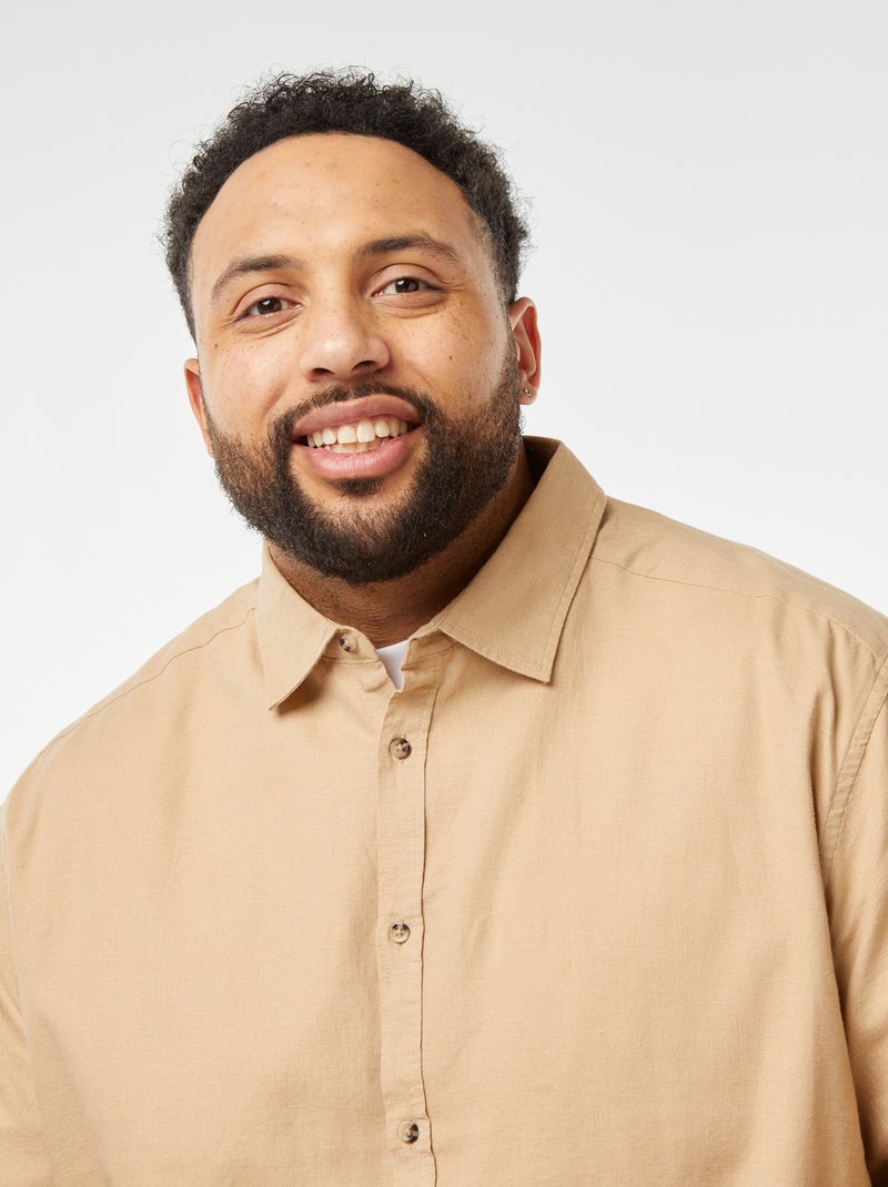 Camisa de linho misturado de manga curta BEGE - Kiabi