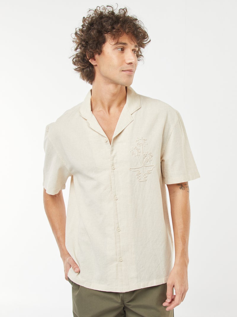 Camisa de linho misturado de manga curta com bordados Branco - Kiabi