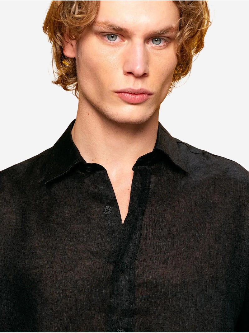 Camisa de linho regular fit com fecho de botões giesto Preto - Kiabi