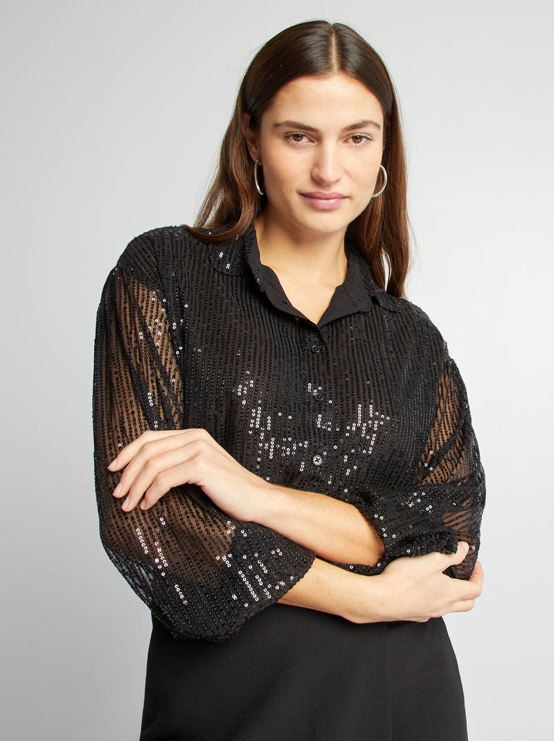 Camisa de malha com lantejoulas Preto - Kiabi