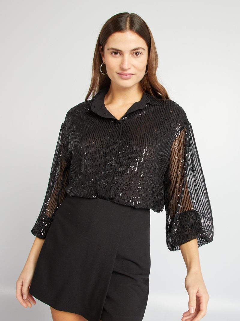 Camisa de malha com lantejoulas Preto - Kiabi
