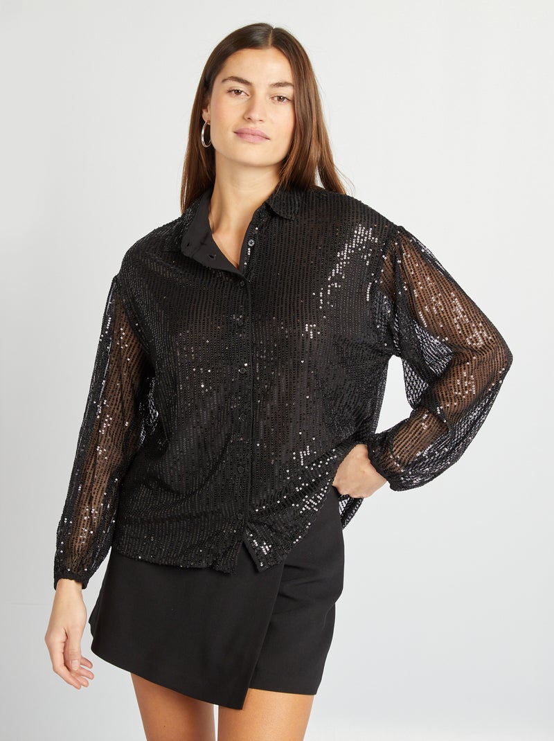Camisa de malha com lantejoulas Preto - Kiabi