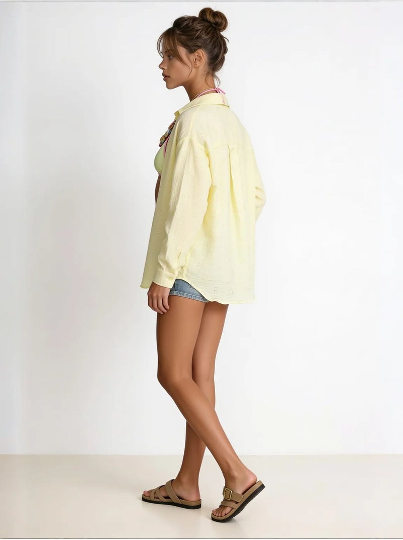 Camisa de manga comprida bordada texturada com fecho de botões. Istanbul Amarelo-limão - Kiabi