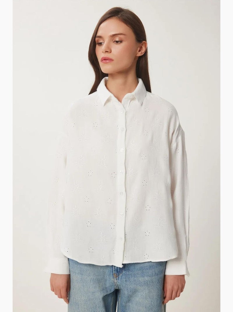 Camisa de manga comprida bordada texturada com fecho de botões. Istanbul Marfim - Kiabi