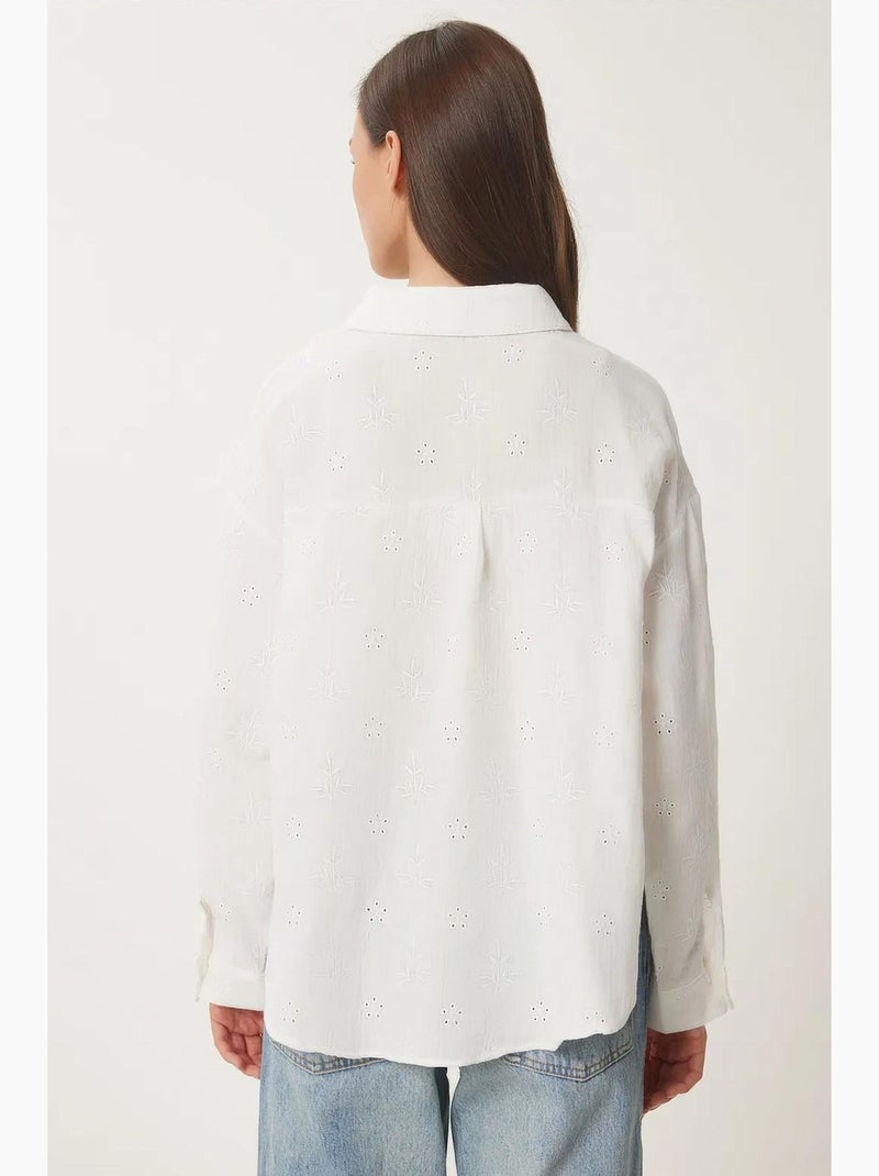 Camisa de manga comprida bordada texturada com fecho de botões. Istanbul Marfim - Kiabi