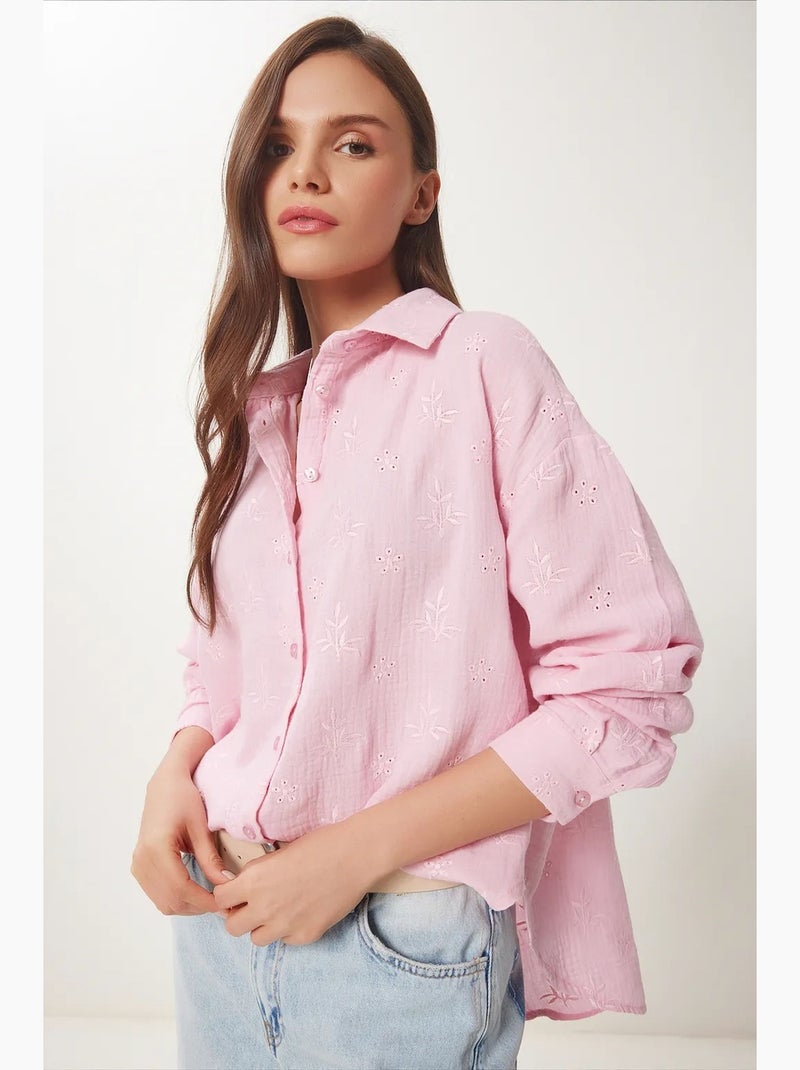 Camisa de manga comprida bordada texturada com fecho de botões. Istanbul Rosa - Kiabi