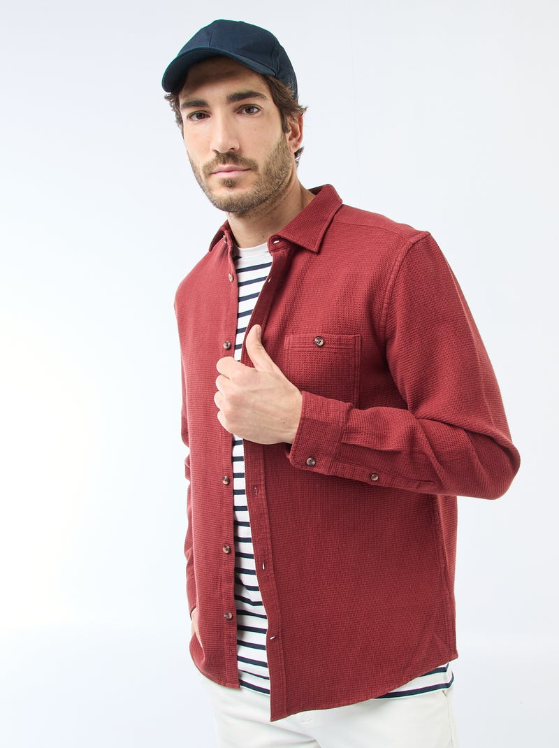 Camisa de Manga Comprida em Material Texturizado Vermelho - Kiabi