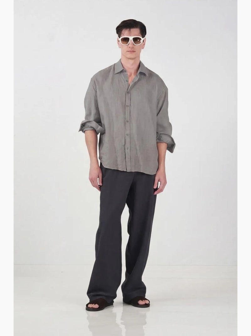 Camisa de manga comprida em mistura de linho oversize giesto Cinza médio - Kiabi