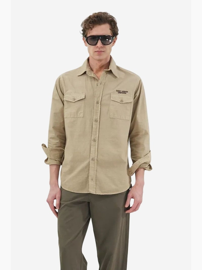 Camisa de manga comprida em popelina de algodão para homem giesto Bege natural - Kiabi