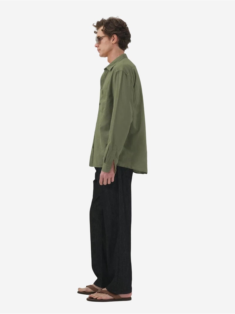 Camisa de manga comprida em popelina de algodão para homem giesto Verde cáqui - Kiabi