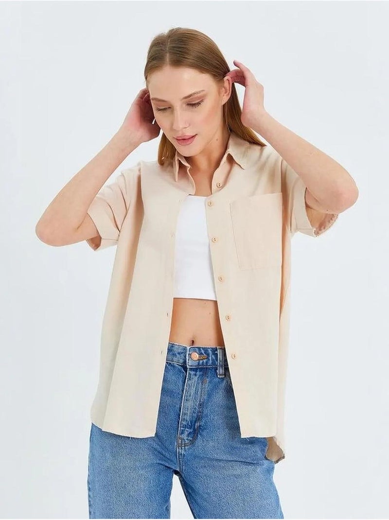 Camisa de manga curta com bolsos mixray Areia - Kiabi