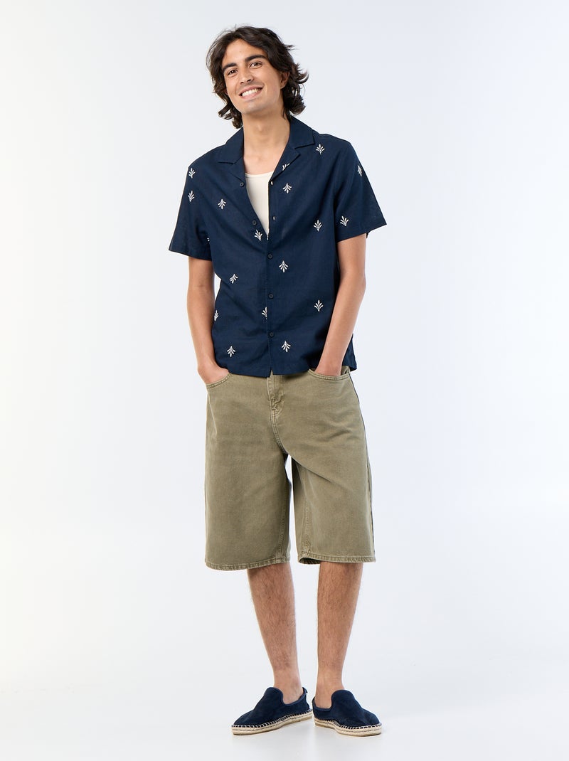 Camisa de manga curta com bordados Azul - Kiabi