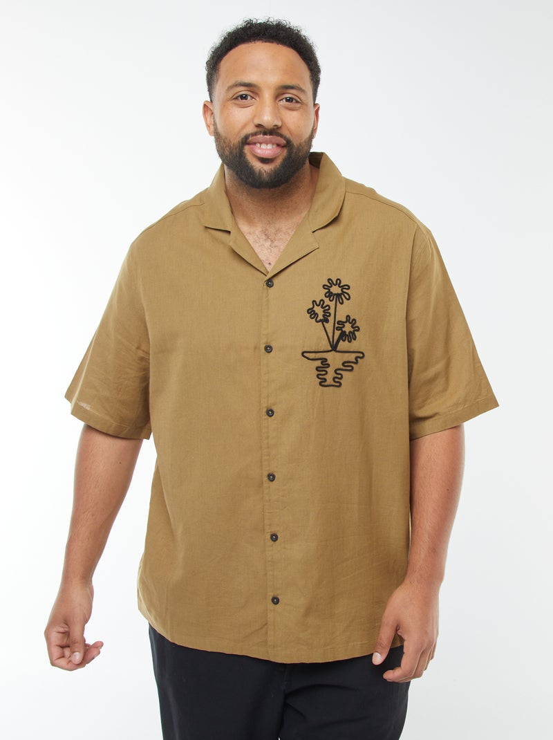 Camisa de manga curta com bordados de fantasia à frente Caqui - Kiabi