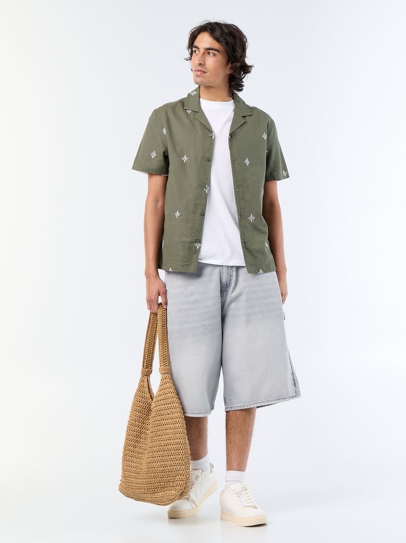 Camisa de manga curta com bordados Verde - Kiabi