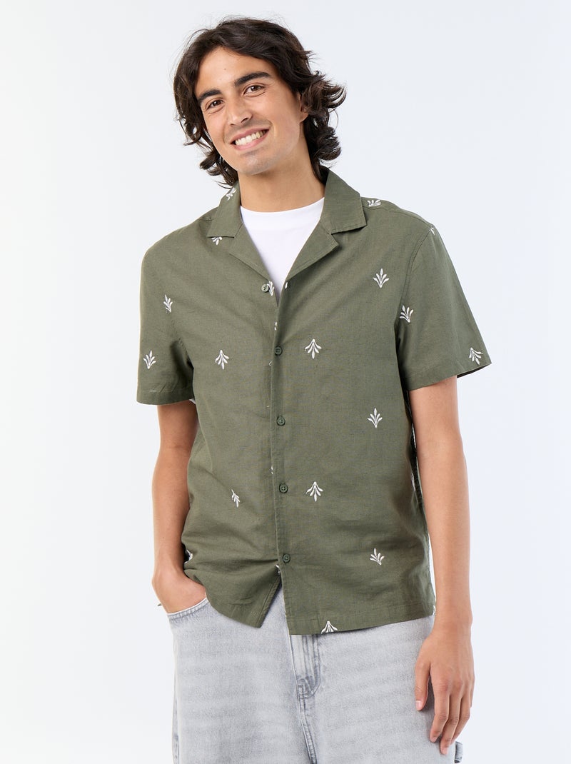 Camisa de manga curta com bordados Verde - Kiabi