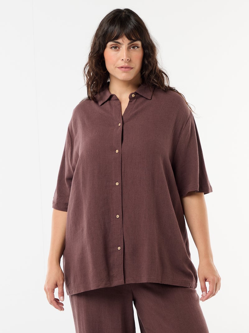 Camisa de manga curta com botões Castanho - Kiabi