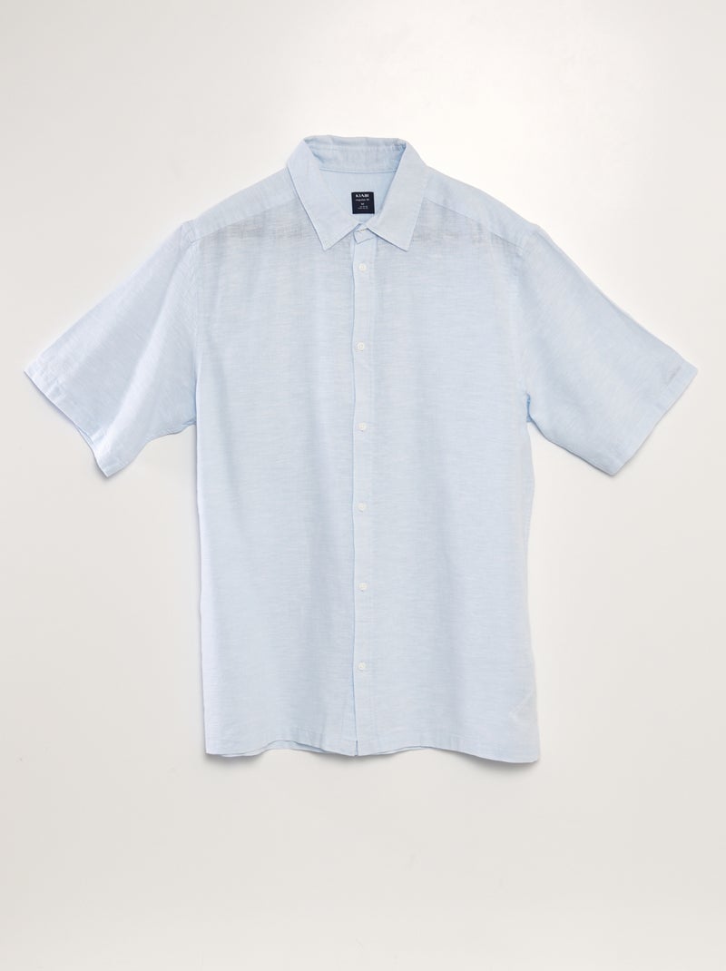 Camisa de manga curta com linho AZUL - Kiabi