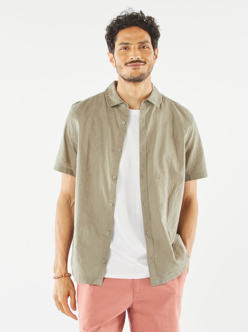 Camisa de manga curta com motivos bordados Caqui - Kiabi