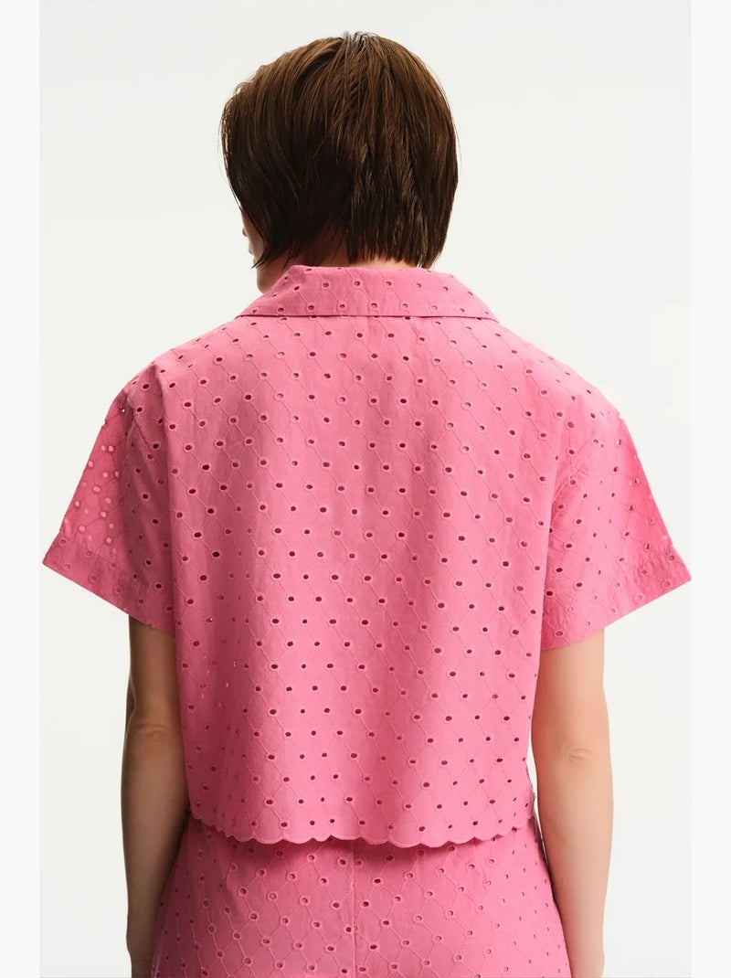 Camisa de manga curta com renda penti Rosa-fluo/Solinotes - Kiabi