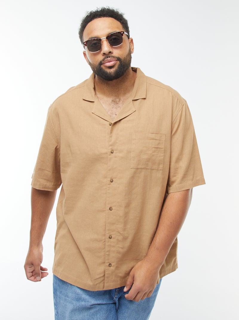 Camisa de manga curta de linho misturado Bege - Kiabi