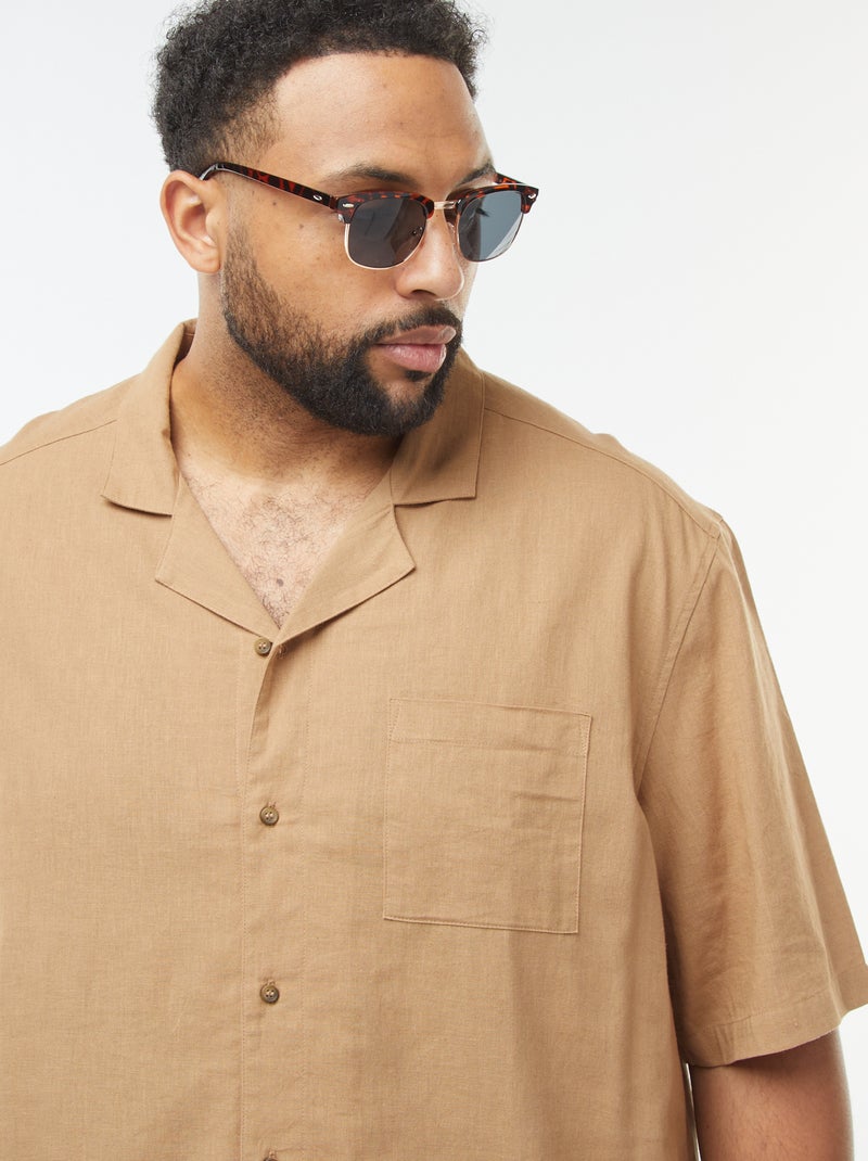 Camisa de manga curta de linho misturado Bege - Kiabi