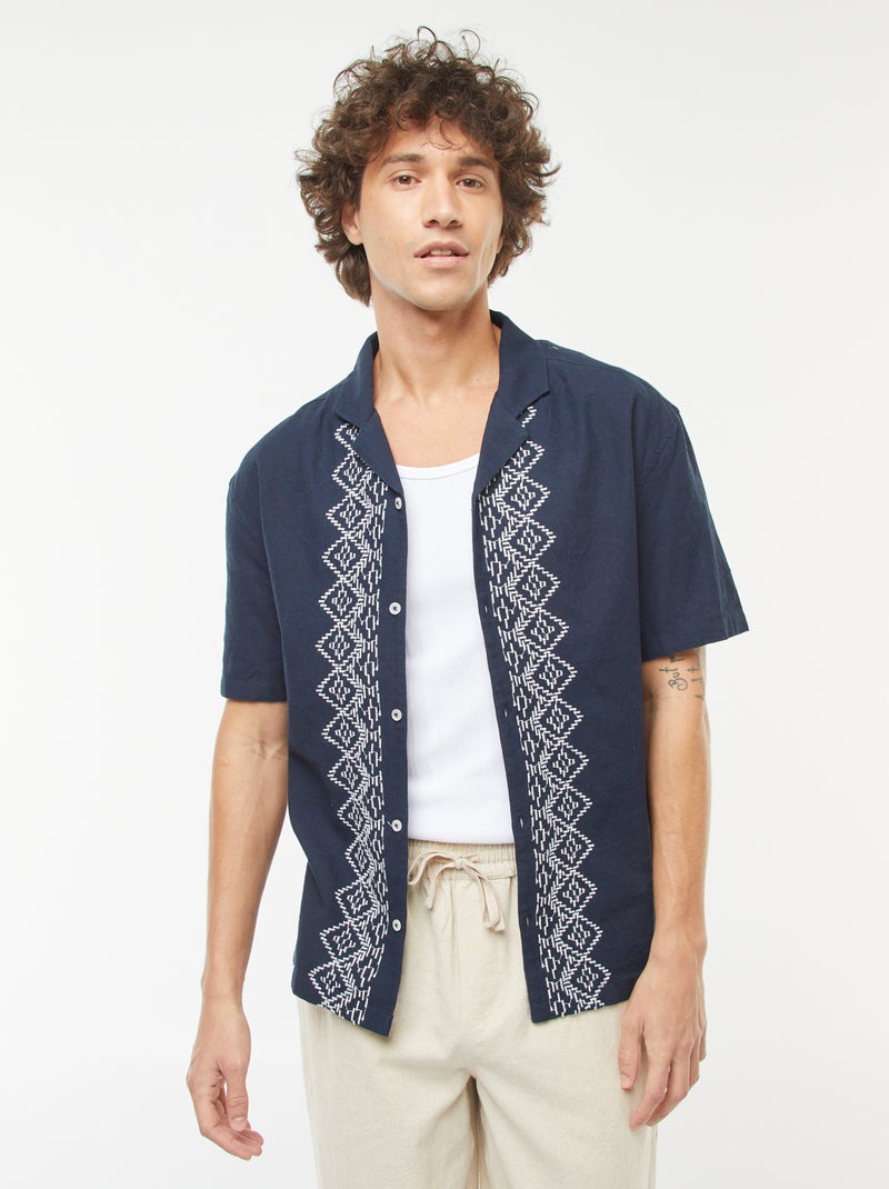 Camisa de manga curta de linho misturado com bordados Azul - Kiabi