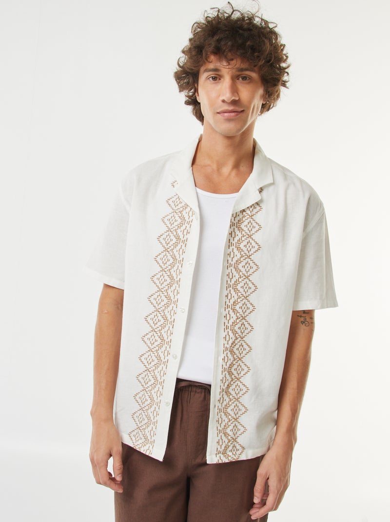 Camisa de manga curta de linho misturado com bordados Branco - Kiabi